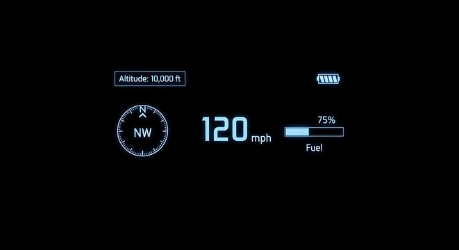 Digital display showing altitude speed fuel level battery and compass information on black background - Powered by Adobe