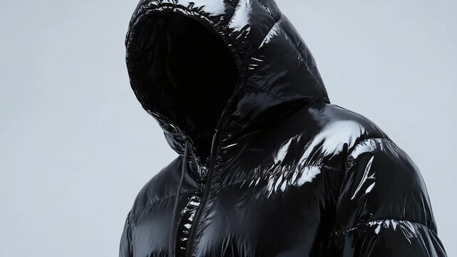 Video A man wearing a sleek shiny black jacket with a hood, suitable for use as a profile picture or to represent a mysterious character