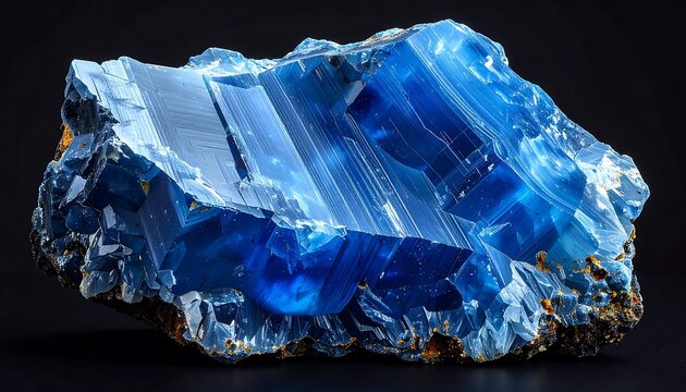 Translucent blue gemstone shows layers of striations and rough edges on a dark surface