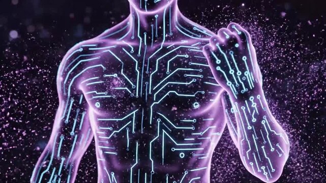 Humanoid silhouette with glowing purple and blue circuit board patterns artificial intelligence.