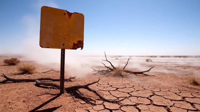 Desolate Arid Landscape with Abandoned Sign in a Cracked and Barren Desert Scene