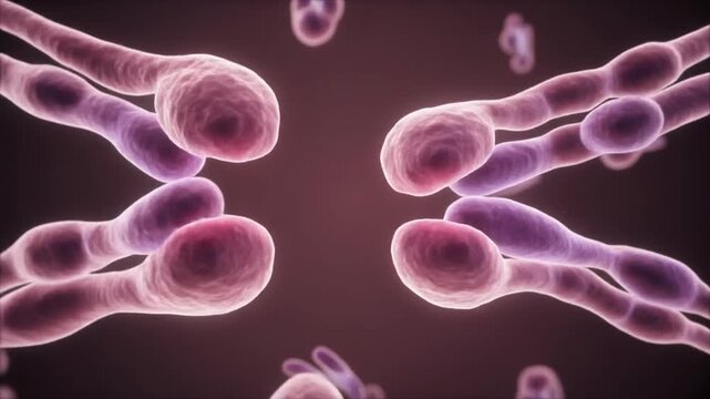 Close Up 3D Animation of Cell Mitosis Process Showing Chromosome Division in Macro View with Detailed Texture and Soft Pink Lighting