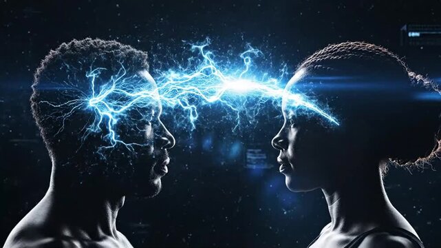 Two profiles facing each other with electric blue energy connecting their foreheads artificial intelligence.