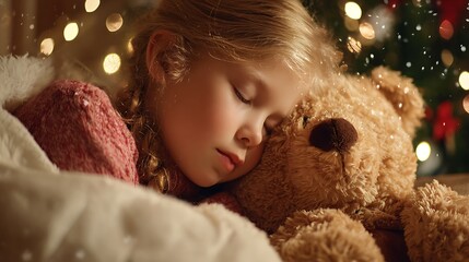 A little girl sound asleep next to her teddy bear. The child is dreaming peacefully, surrounded by soft lighting and a touch of holiday ambiance.