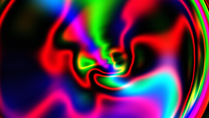 Psychedelic bright liquid distortion creating a multicolored, vibrant neon vortex swirl pattern for abstract backgrounds