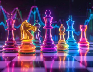 Translucent chess pieces on checkered board, colorful neon lights and line graph in background