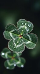 Green four leaf clover with water drops on dark background