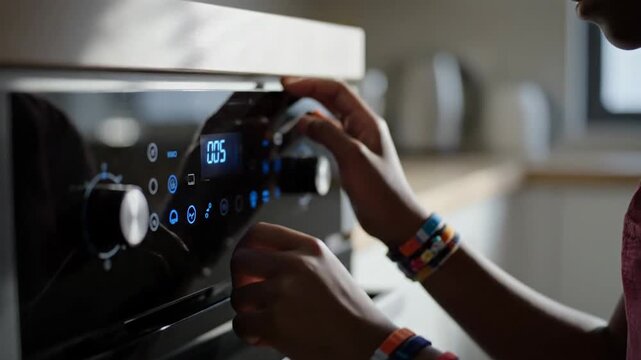 Person using an oven, setting the timer or choosing a program