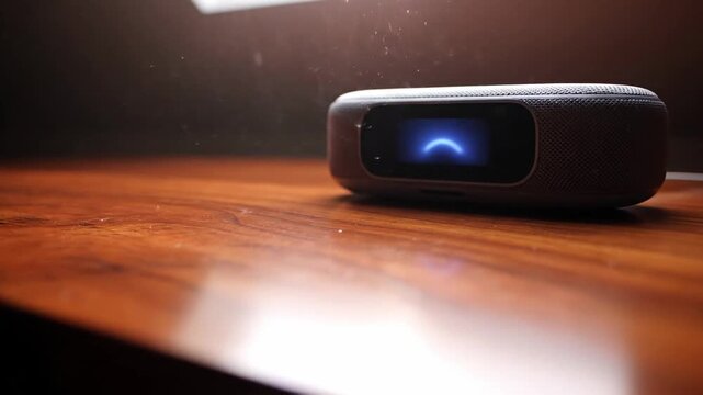 Speaker on a wooden desk with light streaming through dust particles