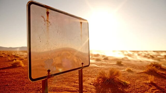 Desolate desert landscape with reflective sign illuminated by setting sun in