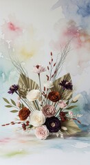 Beautiful floral arrangement with dried leaves and pastel watercolor background.