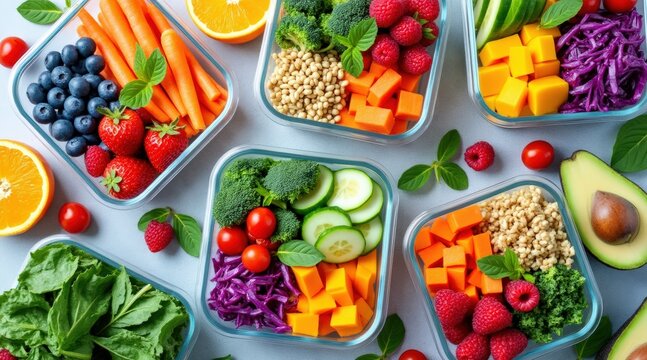Healthy meal prep with vibrant fruits, vegetables, and grains