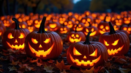 Fototapeta premium Glowing halloween jack-o'-lanterns in a field of autumn leaves