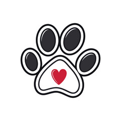Cute paw print silhouette with a red heart silhouette