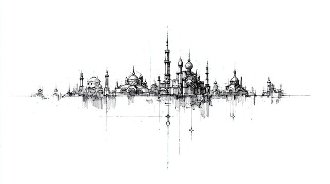 Engraving sketch of oriental city skyline with domes and minarets in detailed architectural panorama