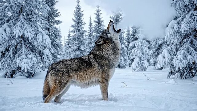 Majestic wild wolf howling in a serene snowy forest surrounded by frosted trees in a breathtaking winter wilderness scene
