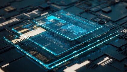 Digital Microchip: The image encapsulates the intricate design of a digital microchip, its complex circuitry and glowing elements revealing the essence of technological innovation.