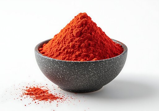 Vibrant red paprika powder in a stone bowl on white backdrop - Powered by Adobe
