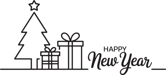 Minimal Happy New Year banner, background. One, continuous line drawing New Year simple banner with christmas tree and presents