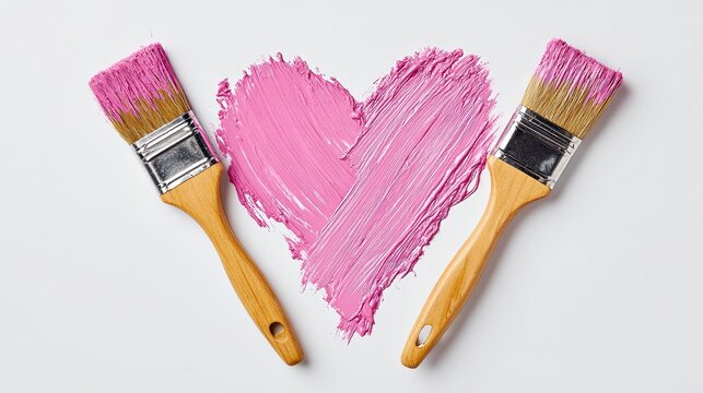 Two paintbrushes with pink paint forming heart on white background symbolizing love romance creativity and artistic passion