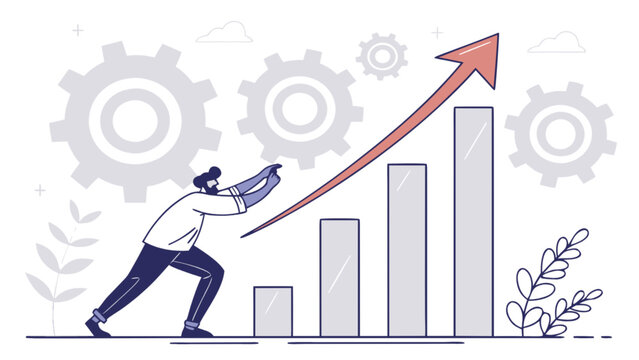 Man pushing arrow up a bar graph with gears in the background, illustrating growth and progress