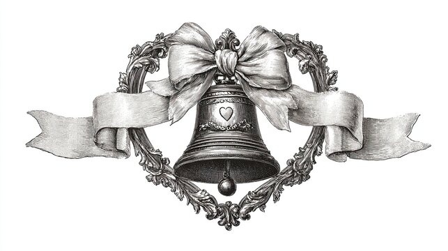 Engraving sketch of vintage bell with ribbon and floral frame symbolizing romance elegance and timeless beauty