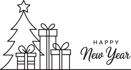 Minimal Happy New Year banner, background. One, continuous line drawing New Year simple banner with christmas tree and presents
