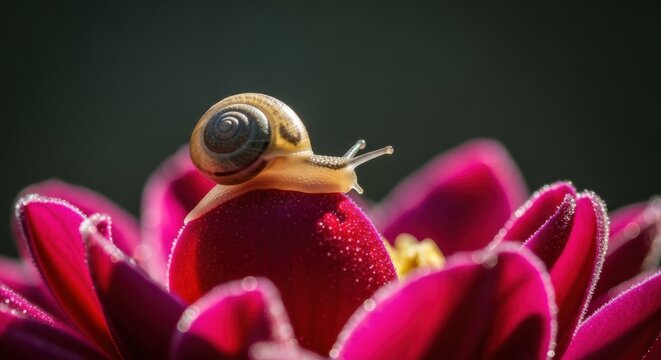 Tiny snail rests on vibrant pink flower petal with dew drops sparkling in sunlight. - Powered by Adobe
