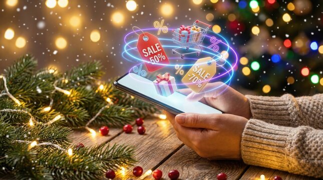 Christmas online shopping with discounts and sales on a smartphone