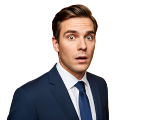 Astonished Businessman in Navy Suit Reacting with Surprise on White Background