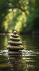 Stacked stones balanced in calm water with soft green bokeh background.