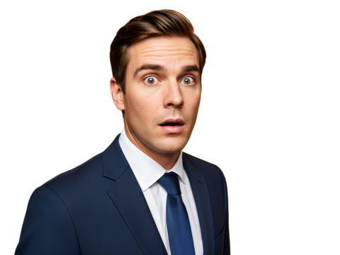 Astonished Businessman in Navy Suit Reacting with Surprise on White Background