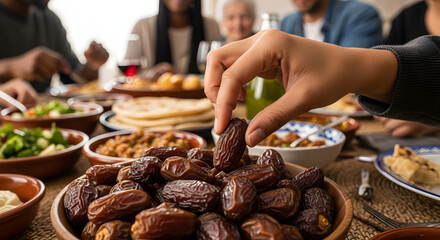 Family breaking fast with dates during ramadan