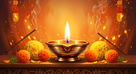 Obraz premium Lit brass oil lamp diya with burning incense sticks and marigold flowers on altar for hindu prayer illustration