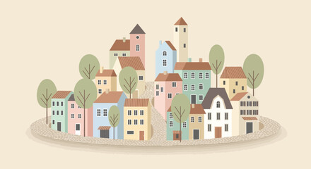 Charming pastel colored town illustration with quaint buildings and natural elements serene