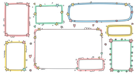 Collection of hand drawn doodle frames with stars hearts and flowers for decoration