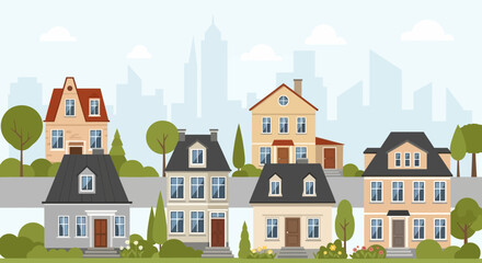 Colorful suburban neighborhood illustration with diverse houses and city skyline background