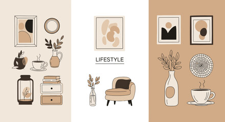 Elegant home decor elements in a modern minimalist style illustration with neutral tones that