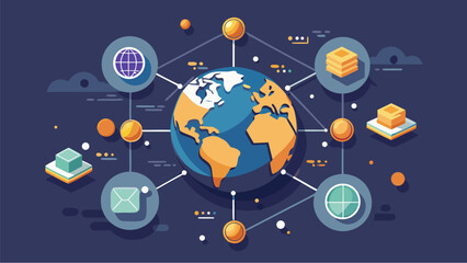 Global network and data exchange concept with earth connected to digital icons for communication, storage, email and analytics in flat design