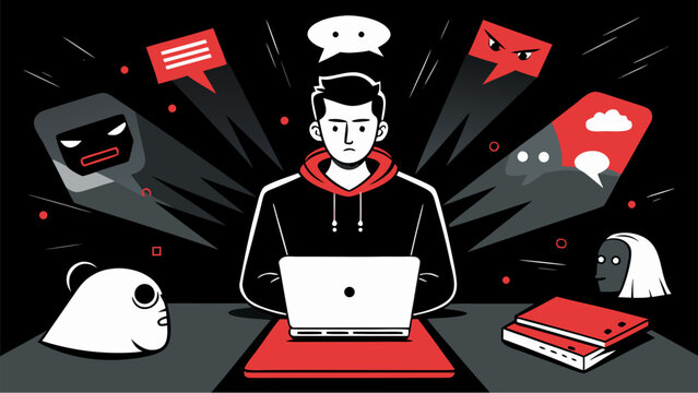 Ключові слова сказал:

Sad person sitting at laptop overwhelmed by negative messages, online harassment and cyberbullying in dark abstract illustration style