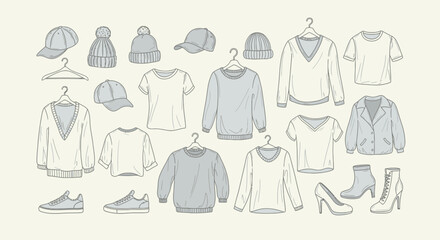 Fashionable apparel and accessories line art showcasing a trendy and stylish wardrobe