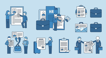 Human resources recruitment process illustrations depicting job application submission and reviewing