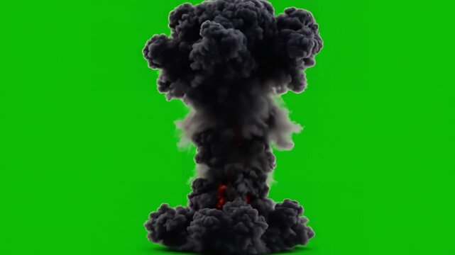 Dense Smoke Plume Effect with violent explosion short duration fire and cloud of on green screen or chroma key flame can be used for detonation explosives bomb weapons radioactivity animation 4k