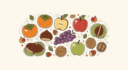 Illustrative autumn harvest composition featuring fresh fruits and nuts on a light background
