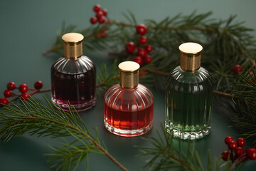 Three elegant perfume bottles with festive pine and berry accents