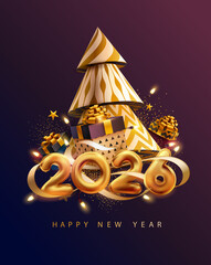 New Years 2026. Christmas greeting card design with white numbers, gift boxes and tree. Realistic vector illustration.