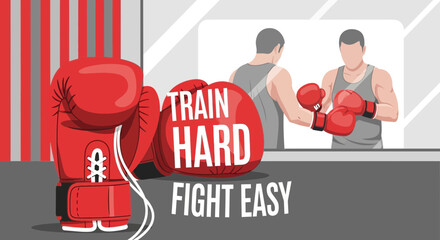Motivational boxing illustration with a fighter training in front of a mirror
