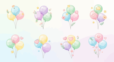 Watercolor Balloons Collection with Floral Accents for Celebrations and Decorations