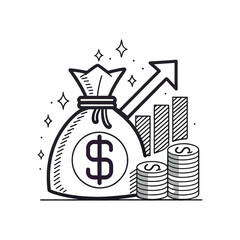Money bag with dollar sign and growing financial graph silhouette