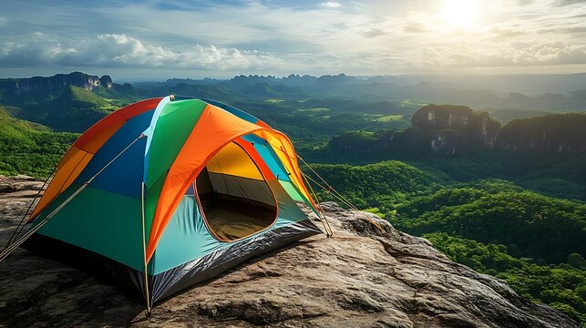 Vibrant camping tent perched atop a rocky mountain peak offering stunning views of lush valleys and distant peaks, perfect for adventure seekers